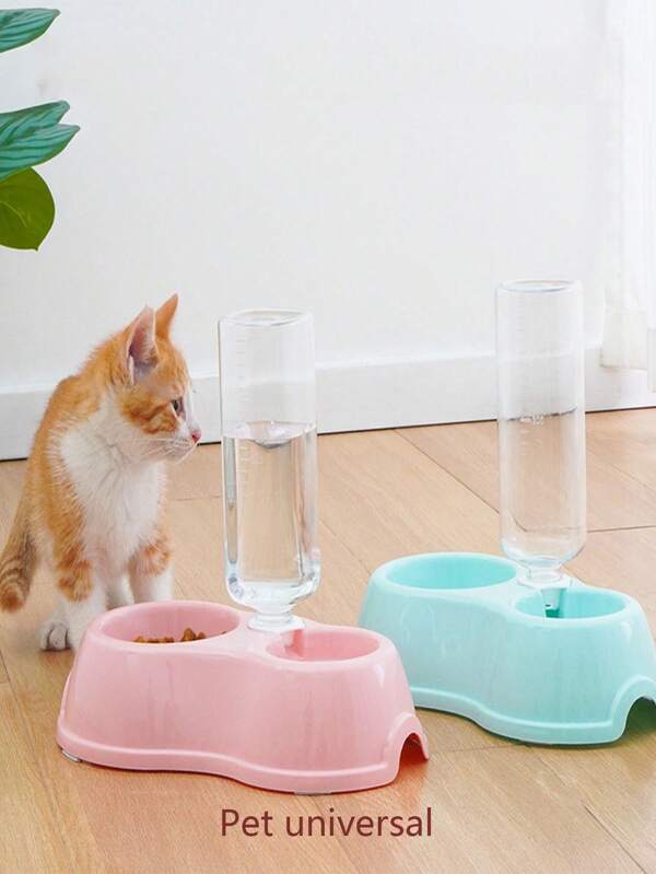 1 pieza Dispensador de agua y alimentador para mascotas, tazón de agua para gatos de doble tazón, botella bebedora automática de plástico, tazón para perros, tazón para gatos, tazón de doble protección de cuello, tazón de comida y agua automático anti vuelco para mascotas