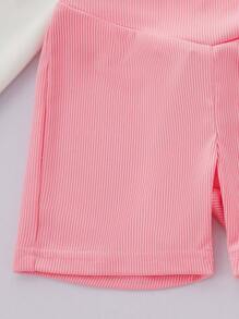 Baby Girl Cartoon Print Short Sleeve Top & High Waist Shorts Set - Pink - View 6