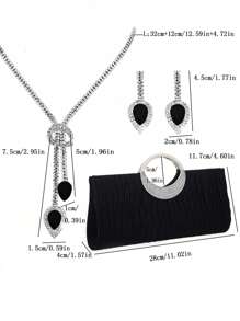 Elegancka luksusowa torebka damska z łańcuszkiem na ramię ze strasami, wieczorowa kopertówka i zestaw kolczyków z naszyjnikiem ze strasami (3 szt.)