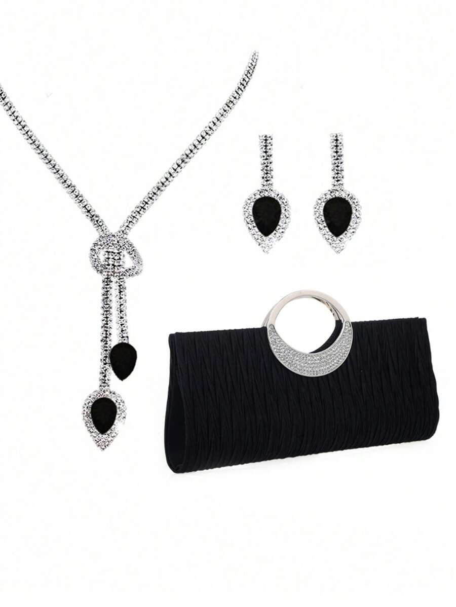 Elegancka luksusowa torebka damska z łańcuszkiem na ramię ze strasami, wieczorowa kopertówka i zestaw kolczyków z naszyjnikiem ze strasami (3 szt.)