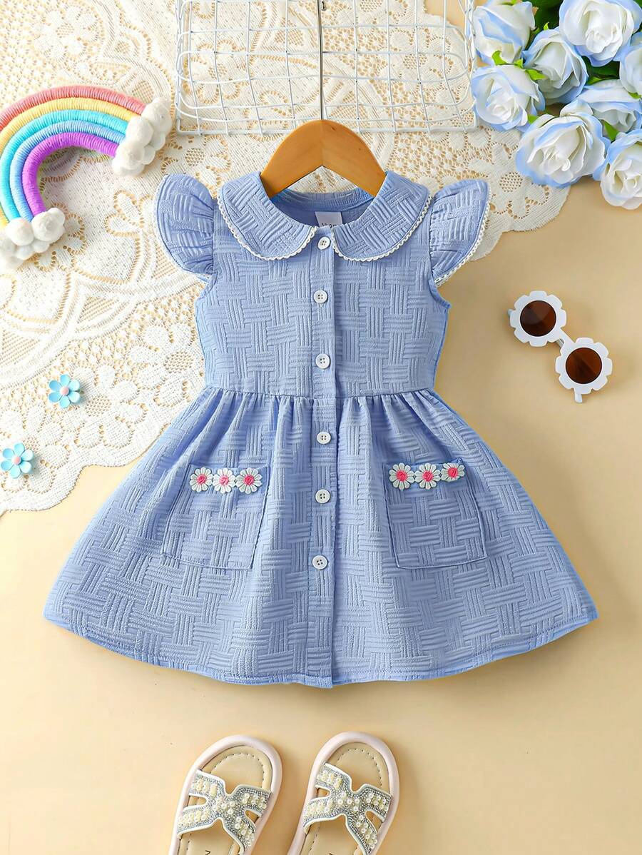 Young Girl Paris Style Patterned Fabric Cute Peter Pan Collar Ruffled Elastic Lace Cuff Buttoned Cardigan Dress With 3D Floral Decor - Baby Blue - View 1