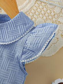 Young Girl Paris Style Patterned Fabric Cute Peter Pan Collar Ruffled Elastic Lace Cuff Buttoned Cardigan Dress With 3D Floral Decor - Baby Blue - View 4