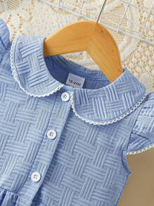 Young Girl Paris Style Patterned Fabric Cute Peter Pan Collar Ruffled Elastic Lace Cuff Buttoned Cardigan Dress With 3D Floral Decor - Baby Blue - View 3