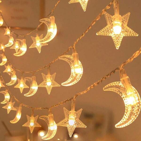 1 pièce de 10/20/40 LED 1,5/3/6 m Guirlande lumineuse à design étoiles et lune, décoration lumineuse étoiles et lune, convient pour la décoration de la chambre, anniversaire, fête, jardin, camping, mariage, éclairage de printemps, fête des mères, Saint-Valentin