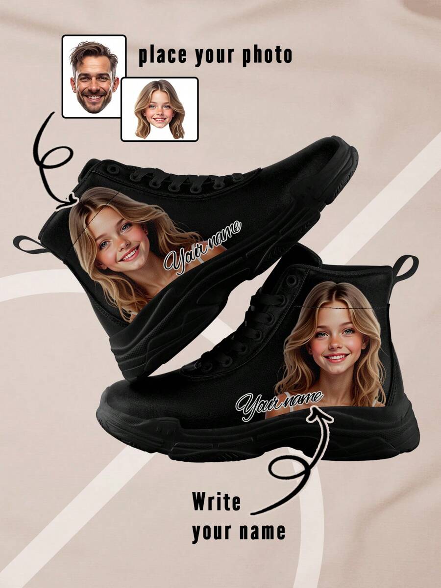Custom Faux Leather High-Top Sneakers With Personalized Photo And Name, Waterproof Casual Shoes, Unique Gift For Men And Women, Customize Fashion Footwear For Birthdays, Anniversaries, Or Holidays, Comfortable And Stylish Faux Leather Sneakers