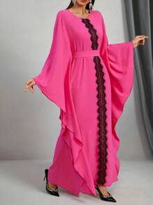Women Elegant Contrast Color Lace Batwing Sleeve Extra Long Dress