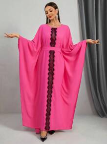 Women Elegant Contrast Color Lace Batwing Sleeve Extra Long Dress