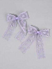 2pcs Purple Lace Bow Hair Clips, Women's Solid Color Lace Bow Crocodile Clips, Long Tail Elegant Bow Hair Clips, Wedding Party Holiday Gift, Bow Hair Clips, Women's Hair Accessories, Claw Clips, School Supplies - Purple - View 2