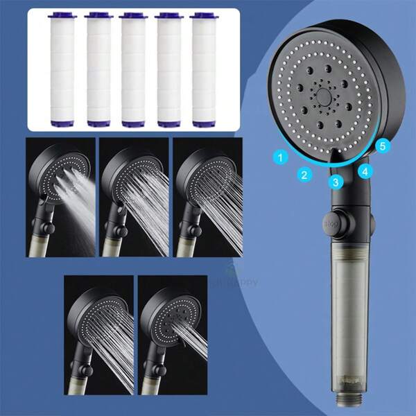 5 MOdes Adjustable Water Volume Filter High Pressure Shower Head, One-Key Water Stop, Handheld Water-Saving Shower Head, With 5 Filter Elements.Bathroom Accessories
