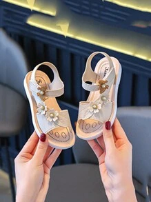 1 双儿童凉鞋，软底女婴鞋，粉色蝴蝶结公主凉鞋，百搭平底鞋，夏季 - 米色 - 查看 3