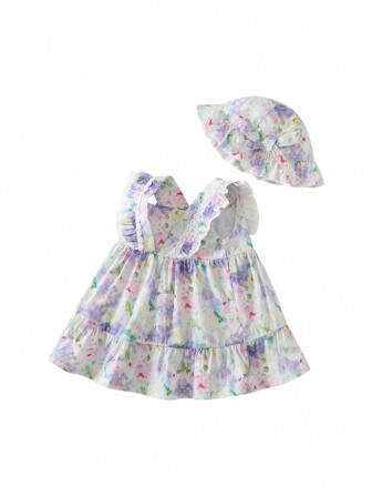 女婴紫色水彩画图案双层盖袖连衣裙