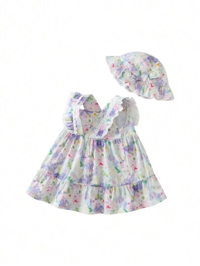 女婴紫色水彩画图案双层盖袖连衣裙