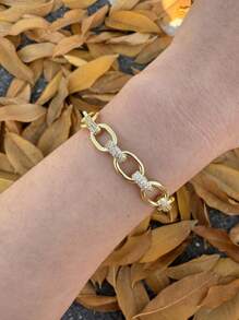 1 pieza Brazalete ajustable con diseño de ojo y corazón microincrustrando circonia, baño de cobre dorado, moda y creativo, adecuado para hombres y mujeres, ideal para usar a diario y fiestas