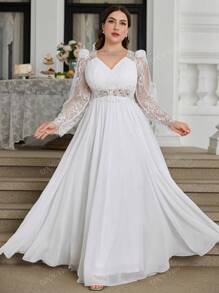 UNITHORSE Robe de mariée blanche en dentelle brodée à encolure en V avec contraste de maille, grande taille. Tenue de fête tout en blanc pour femmes