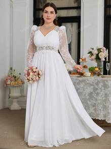 UNITHORSE Robe de mariée blanche en dentelle brodée à encolure en V avec contraste de maille, grande taille. Tenue de fête tout en blanc pour femmes