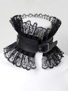 1pc Women's Retro Princess Style Faux Leather Floral Lace Ruffle Collar Gothic Victorian Choker Necklace, Suitable For Christmas, Carnival Party - Black - View 6