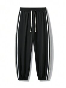 Plus Size Men's Wide Leg Drawstring Pants, Loose Fit Casual Jogger Sweatpants - Black - View 2