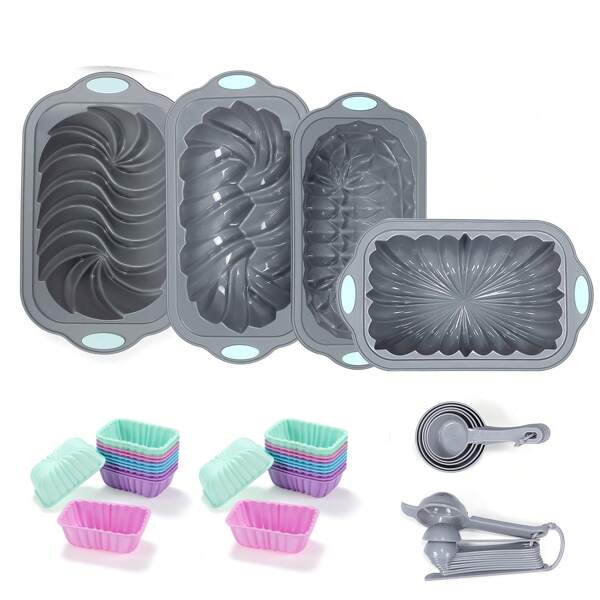 Set di 45 Stampi da Forno in Silicone, 4 Tazze Stampo da Forno in Silicone per Cuocere il Pane, Stampi da Forno, Stampi da Forno Antiaderenti da Cucina, con Set di Misurini e Cucchiai, Grigio
