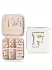 1 pièce Boîte de voyage pour bijoux avec initiale A-Z, étui de rangement multifonctionnel pour bijoux, mini boîte de rangement pour bijoux, organisateur de maquillage, porte-bijoux, sac cosmétique, sac de toilette, cadeau idéal pour les femmes, petite amie, amis, anniversaire, Noël, Halloween - Boîte de voyage pour bijoux avec initiale rose, cadeau de Noël pour adolescentes, retour à l'école