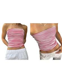 Women's Y2K Crop Tube Tops Bandeau 1 Piece Sleeveless Strapless Off Shoulder Backless Summer Shirt Partywear Clubwear - 紅色 - 查看 2