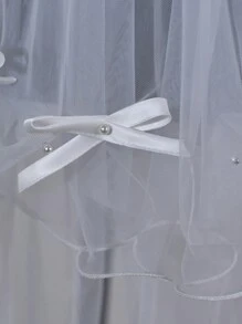1pc Pearl Beaded Bow Double Layer Bridal Veil With Wavy Edge And Hair Comb