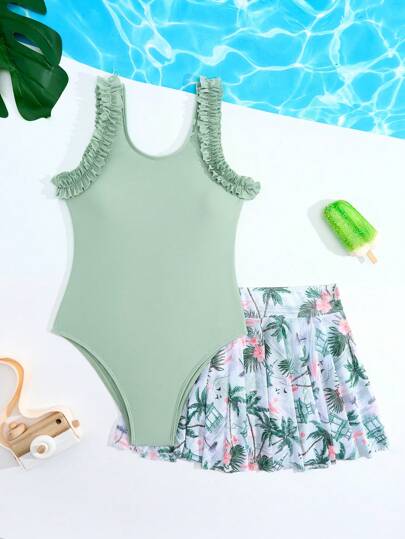 Set da bagno a due pezzi composto da costume intero e gonna per ragazze tra gli 8 e i 12 anni, di colore verde chiaro