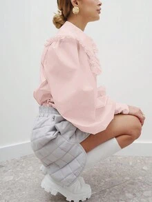 Elegant Women's Solid Color Peter Pan Collar Bishop Sleeve & Ruffle Detail Fashion Long Sleeve Blouse, Versatile For Commute, Casual, Minimalist, Spring/Summer/Autumn/Winter, Suitable For New Year, New Year's Eve, Valentine's Day, Date, Party, Business Office, Romantic Valentine's Day - Baby Pink - View 9