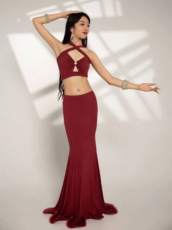 Belly Dance Practice Clothes Sleeveless Top+Modal Fish Tail Long Skirt 2pcs Adult Oriental Clothing