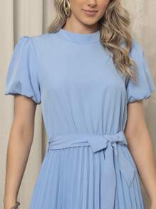 Women's Long Crepe Dress With Puffed Sleeves, Bow Waist And Pleated Skirt - Elegant And Sophisticated - 薄荷藍 - 查看 5