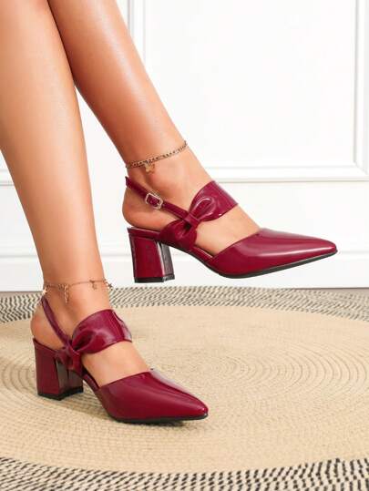 Bordeaux Red Adjustable Buckle Strap Chunky Heel Fashion Versatile Pumps