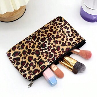 1pc Leopard Print Travel Makeup Bag, Large Capacity Ladies Cosmetic Bag, Portable Handheld Makeup Brush Storage Bag, Great Gift