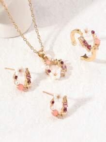 4pcs/Set Girl's Delicate Floral Earrings, Rings, Necklace Jewelry Set, Fashion Suits For Ball, Party And Everyday