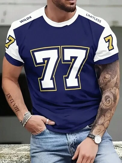 舒适的 77 号印花 T 恤 - 男士短袖圆领篮球运动衫款式 T 恤，适合夏季户外活动 - 透气、柔软、轻便的休闲装