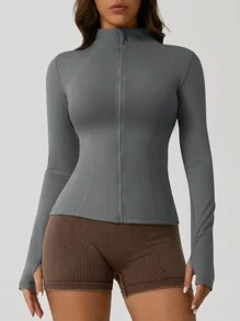 Chaqueta deportiva de manga larga con cremallera y ojal para el pulgar, de unicolor, para mujer