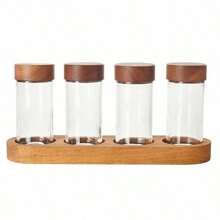 4pcs Glass Spice Jars With Wooden Lids, Japanese Round Glass Condiment Storage Containers, Kitchen Salt And Seasoning Rack, Spice Jar Base - Multicolor - View 13