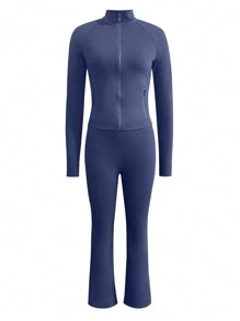 LovelyWholesale 女士休闲立领长袖纯色拉链门襟修身上衣和瑜伽裤套装春秋