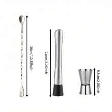 专业不锈钢鸡尾酒调酒器套装带支架 - 完整的调酒师套装，包括量酒器、捣碎器、倒酒器等，适用于家庭酒吧和餐厅、搅拌勺、酒吧工具配件