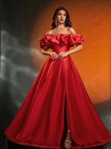 Anymoon Women's Maxi Evening Gown With Ruched Bust And Flared Hem, Elegant Formal Prom Dress, For Wedding Guest, Graduation, Dinner Party Dress - Red - View 1