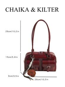 1 件 CHAIKA & KILTER 女士漆皮 PU 皮革单肩包，时尚多口袋大容量波士顿保龄球包，带拉链开合，适合日常和外出（与吊坠一起出售） - 酒紅色 - 查看 3