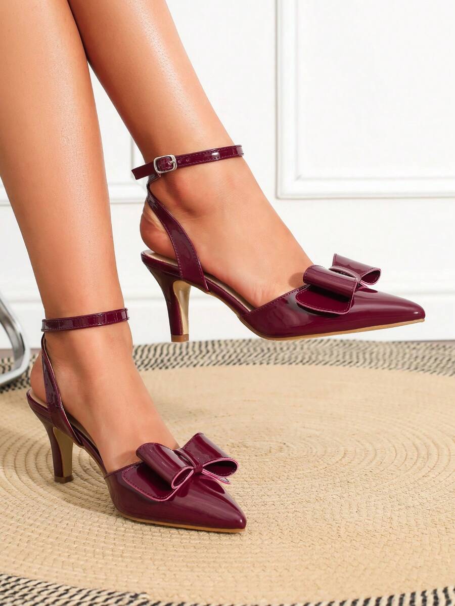 Zapatos de tacón alto de stiletto hechos a mano con lazo burdeos, cordones ajustables y hebilla, de estilo de moda y versátiles