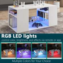 Hommpa White Coffee Table LED Coffee Table With Storage Modern Living Room Table Glass Open Shelves Rectangle Cocktail Center Tables High Gloss