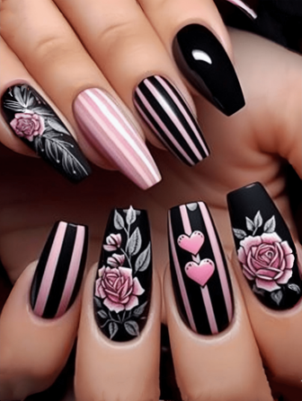 24 片装情人节玫瑰条纹指甲油贴，可按压指甲贴，美甲用品，美甲