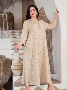 两件套：优雅刺绣串珠长袍，流苏开衩，搭配时尚帽子，2025 年沙特国庆节最新设计 - 杏色 - 查看 9