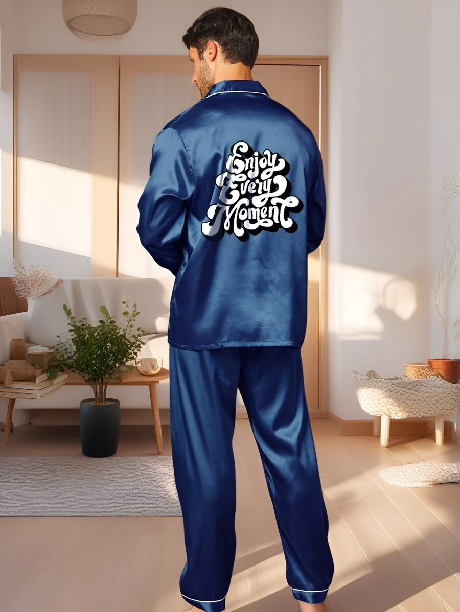 两件套男士缎面背面时尚字母印花翻领长袖上衣和裤子睡衣套装适合所有季节 - 藍色 - 查看 1