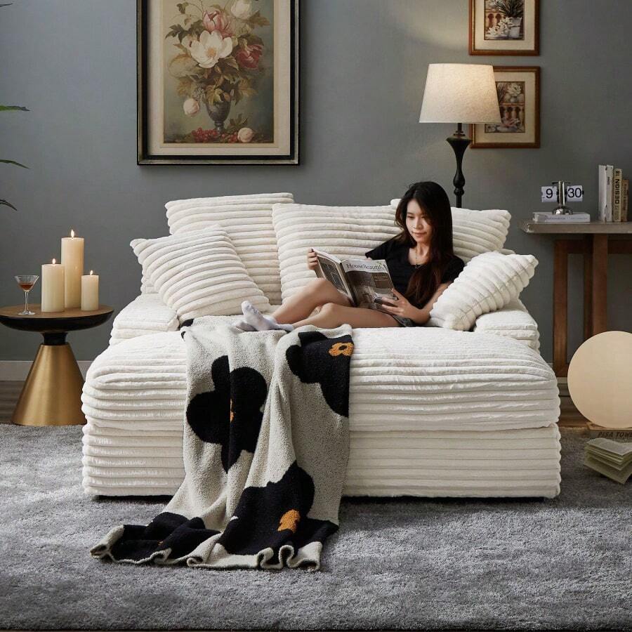 Modern Double Sleeper Sofa Comfortable Cloud Couch Soft Fluffy Corduroy Upholstery With Square Armrests For Living Room Bedroom BEIGE - Nhiều màu - Xem 1