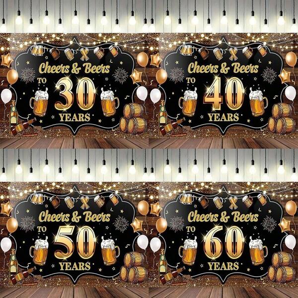 30th 40th 50th 60th 70th 80th Birthday Party Decoration, Black & Gold Birthday Backdrop Banner, Beer Birthday Party Photo Backdrop Prop