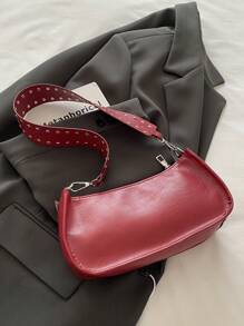 1pc Quilted Zipper Closure PU Solid Crescent Bag, Fashion Minimalist Wide Strap Shoulder Bag, Retro Oil Rivet Casual Armpit Baguette Bag, New Commuting Handbag, Suitable For Women's Daily Use - Merah - View 10