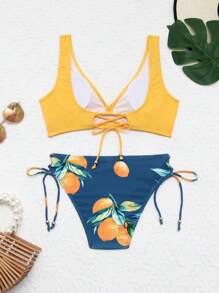 Beauace Women's Summer Bikini Set Solid Color V-Neck Tank Tops With Lemon Print Low Waist Thong 2 Pcs Swimsuit - Multicolor - View 7