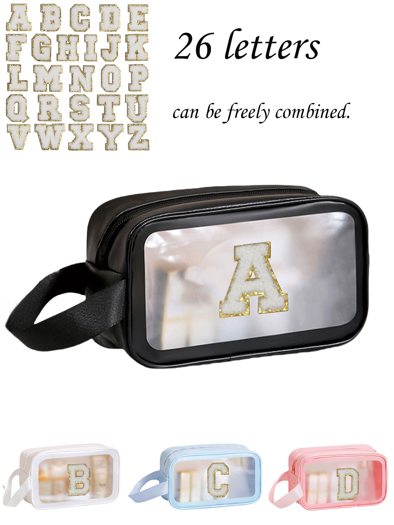 Bolsas de aseo con letra de la A a la Z, de moda y sencillas, tanto para hombres como para mujeres. Bolsas cosméticas impermeables y transparentes de tamaño de cuarto de galón para viajes, aptas para ambos sexos, se pueden llevar en avión y regalar como un regalo para tu novia, un neceser de maquillaje para viajar, un organizador de baño, útiles escolares - Negro - Ver 1