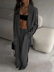 2Pcs Women Casual Business Loose Suit Set Contrast Color Blazer Jacket And Elastic Waist Straight Leg Pants Set, Summer/Spring, Elegant Style For Office Work Lady, Fashion For Informal Commuting